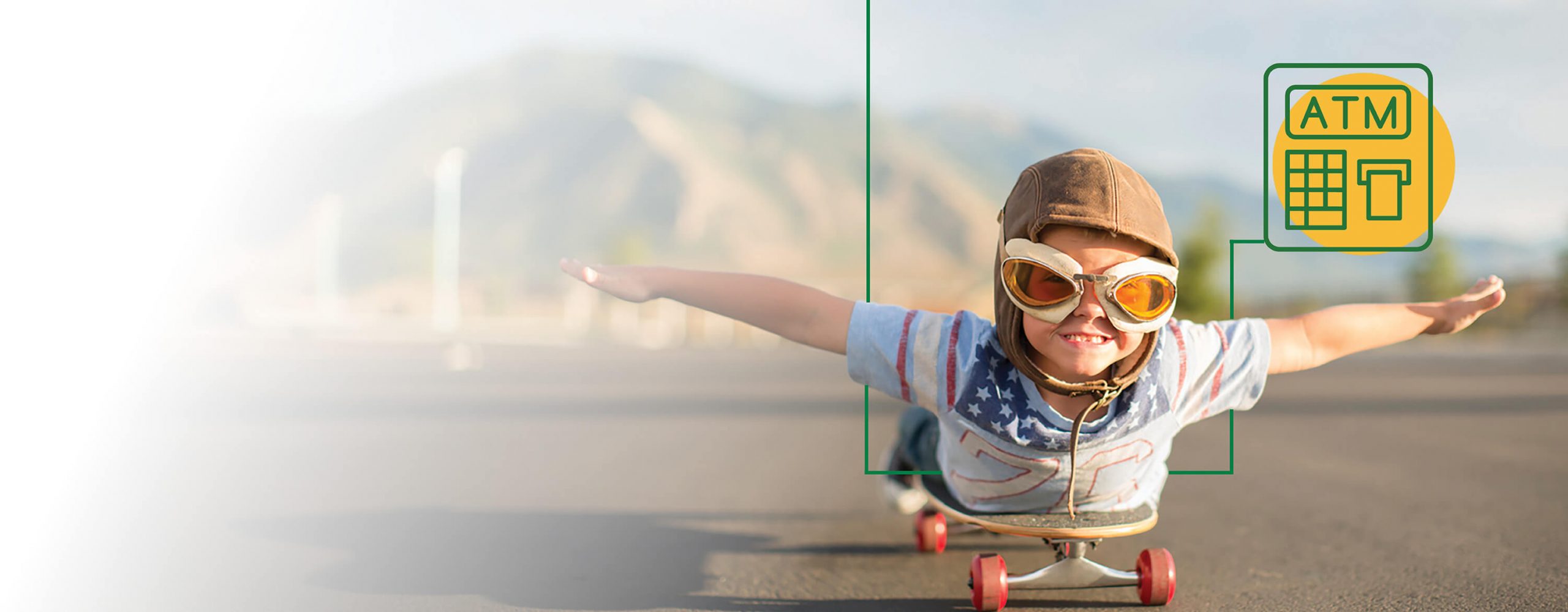 A boy with googles and a helmet riding on a skateboard with this arms stretch out at his sides.