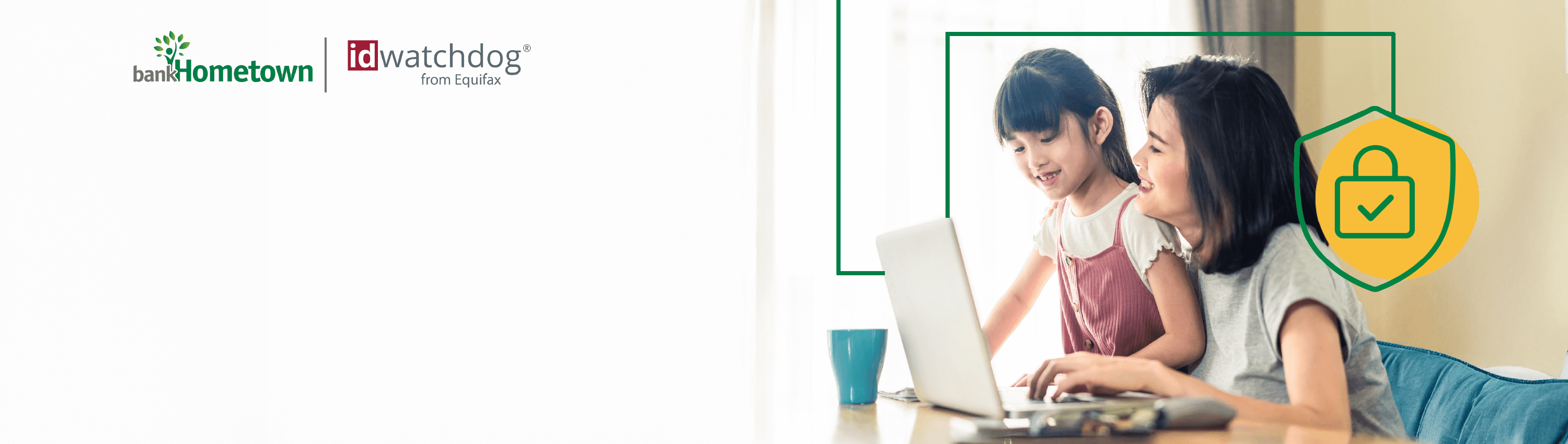 A woman and her daughter using their laptop at the dining room table. There's a green line that links to a shield icon in the background.