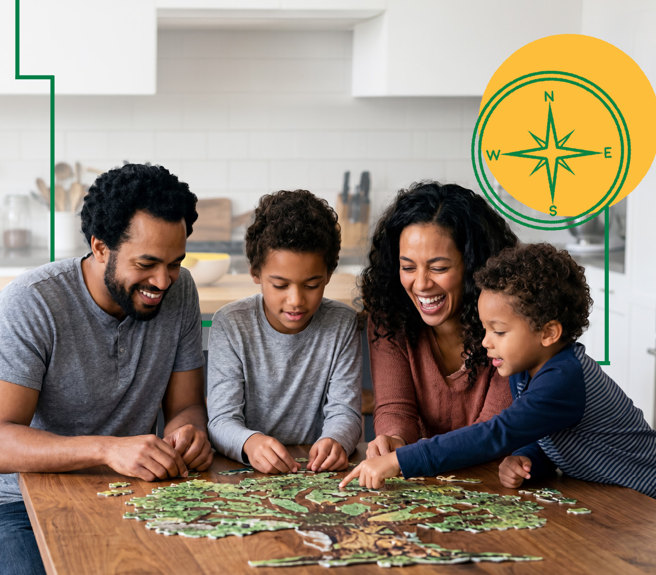 A family working on a puzzle of a tree
